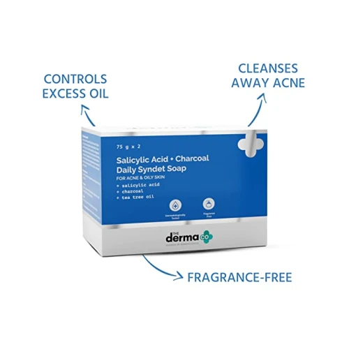 The Derma Co Salicylic Acid + Charcoal Daily Syndet Soap with Charcoal & Tea Tree Oil for Acne-Prone & Oily Skin - 75 g X 2