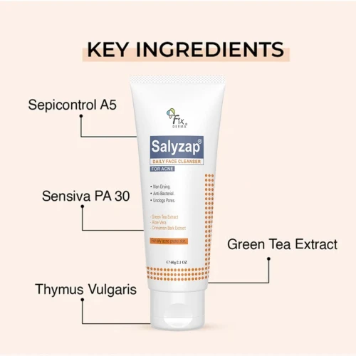 FIXDERMA 2% Salicylic Acid Face Cleanser, Salyzap Daily Face Cleanser for Acne - 60 gm