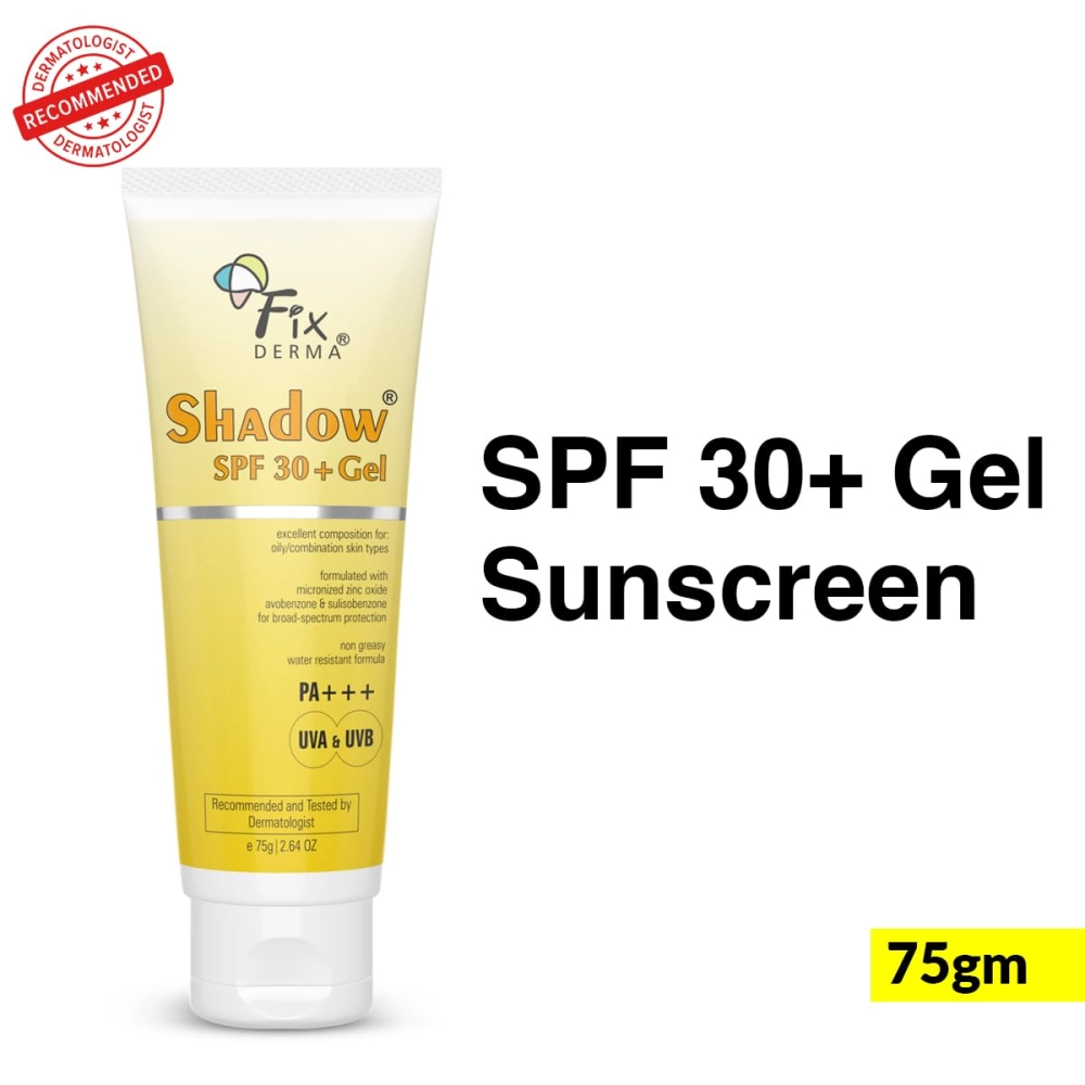 FIXDERMA Shadow Sunscreen Spf 30+ Gel For Oily Skin, Body & Face, Broad Spectrum For Uva & Uvb Protection For Unisex, Non Greasy & Water Resistant, 75g