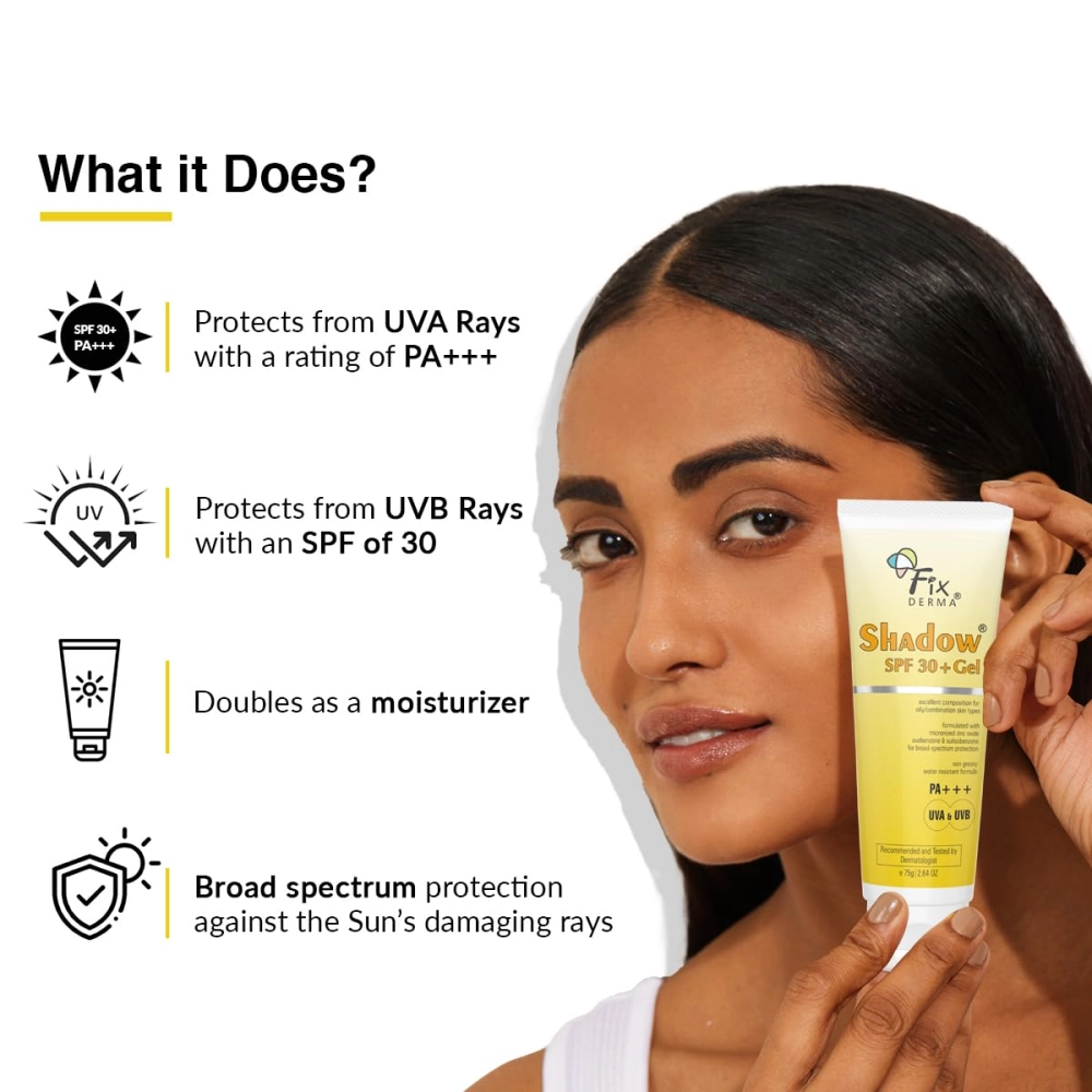 FIXDERMA Shadow Sunscreen Spf 30+ Gel For Oily Skin, Body & Face, Broad Spectrum For Uva & Uvb Protection For Unisex, Non Greasy & Water Resistant, 75g
