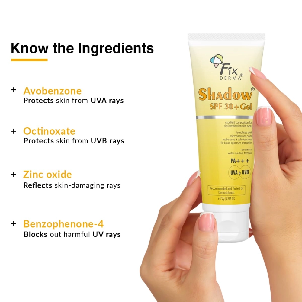 FIXDERMA Shadow Sunscreen Spf 30+ Gel For Oily Skin, Body & Face, Broad Spectrum For Uva & Uvb Protection For Unisex, Non Greasy & Water Resistant, 75g