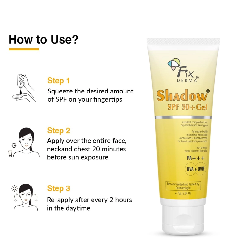 FIXDERMA Shadow Sunscreen Spf 30+ Gel For Oily Skin, Body & Face, Broad Spectrum For Uva & Uvb Protection For Unisex, Non Greasy & Water Resistant, 75g