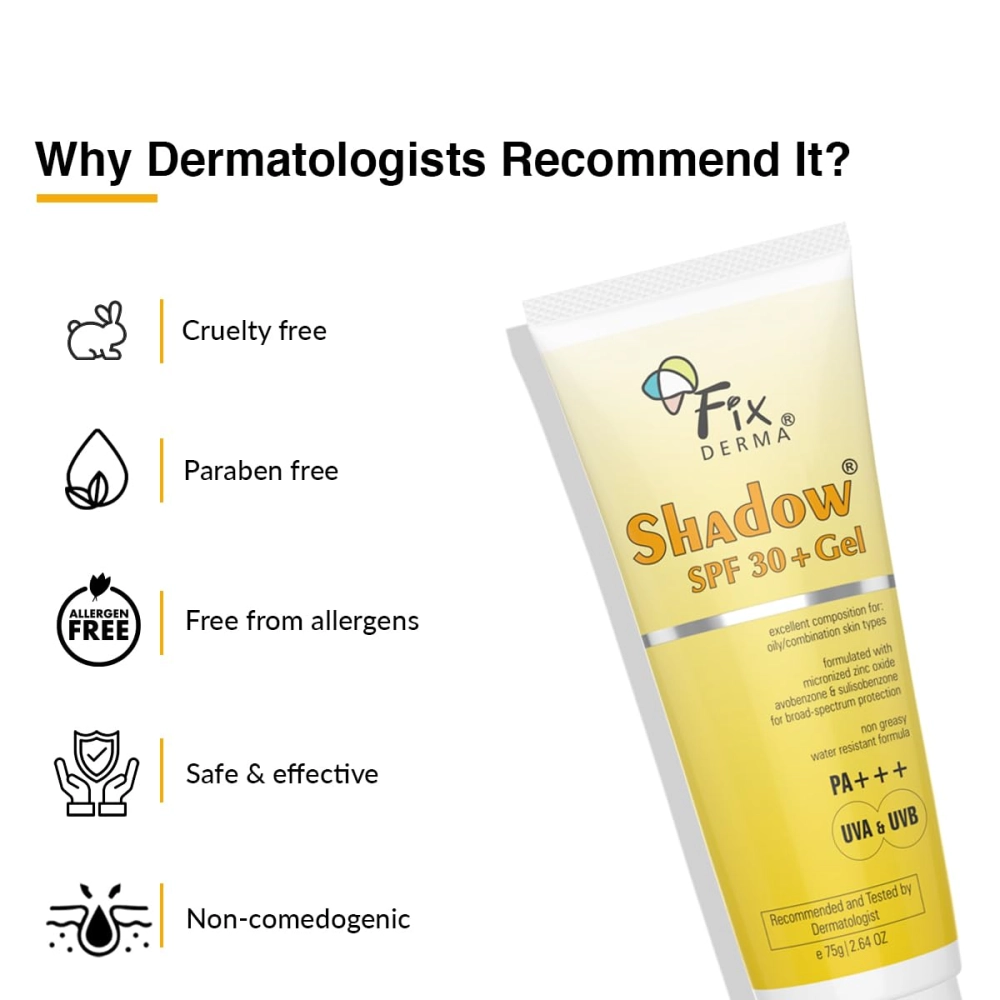 FIXDERMA Shadow Sunscreen Spf 30+ Gel For Oily Skin, Body & Face, Broad Spectrum For Uva & Uvb Protection For Unisex, Non Greasy & Water Resistant, 75g