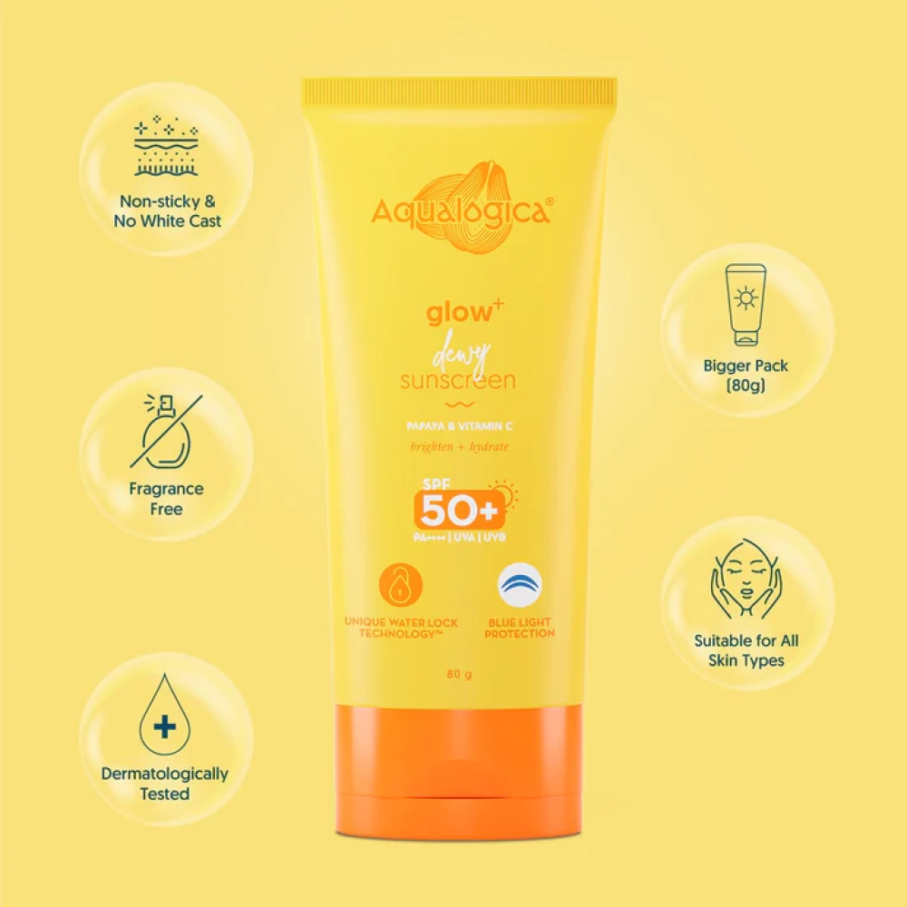 Aqualogica Glow+ Dewy Lightweight & Hydrating Sunscreen with SPF 50+ & PA++++ for UVA/B & Blue Light Protection for Men & Women -Oily and Combination Skin -80g