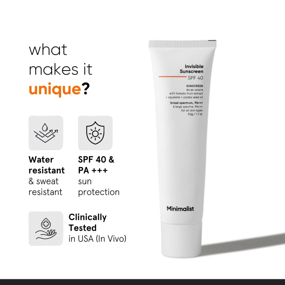 Minimalist Invisible Sunscreen Spf 40 with tomato fruit extract, squalane and jojoba seed oil - 50gm