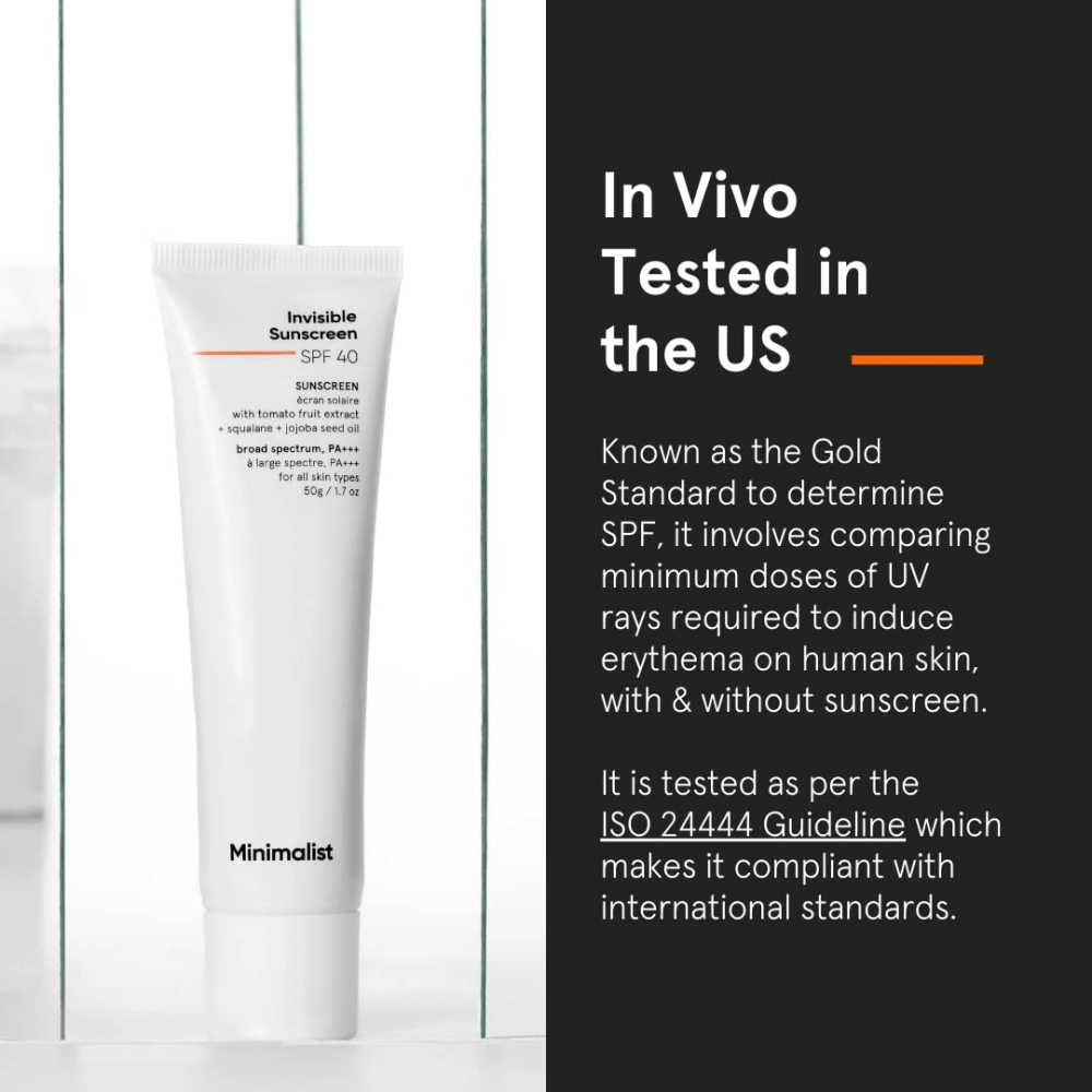 Minimalist Invisible Sunscreen Spf 40 with tomato fruit extract, squalane and jojoba seed oil - 50gm