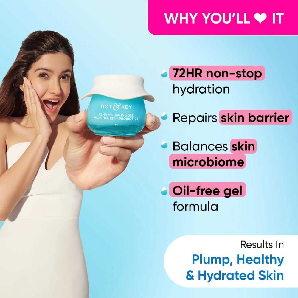 Dot & Key 72Hr Hydrating Gel + Probiotics Moisturizer For Face With Hyaluronic Acid, Kombucha & Rice Water Lightweight Gel Oil Free Moisturizer | For Oily, Dull & Uneven Skin Tone I For All Skin Types | 60Ml