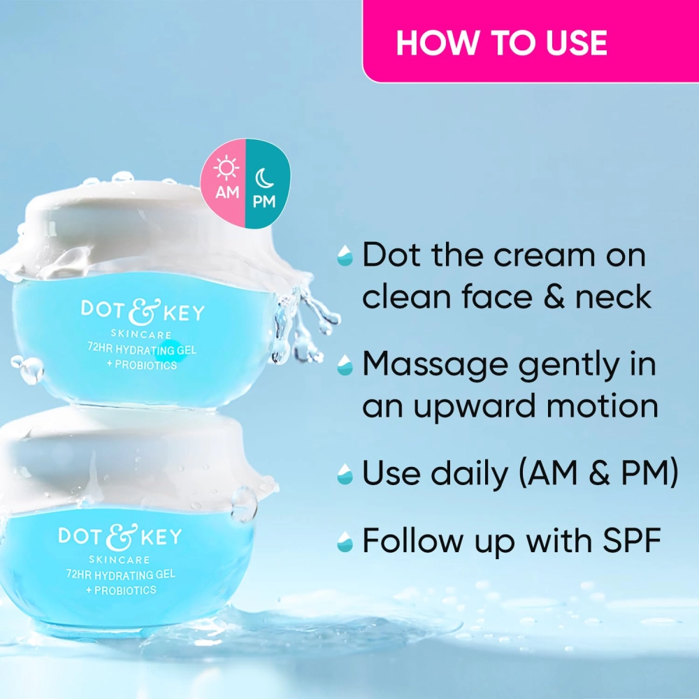 Dot & Key 72Hr Hydrating Gel + Probiotics Moisturizer For Face With Hyaluronic Acid, Kombucha & Rice Water Lightweight Gel Oil Free Moisturizer | For Oily, Dull & Uneven Skin Tone I For All Skin Types | 60Ml