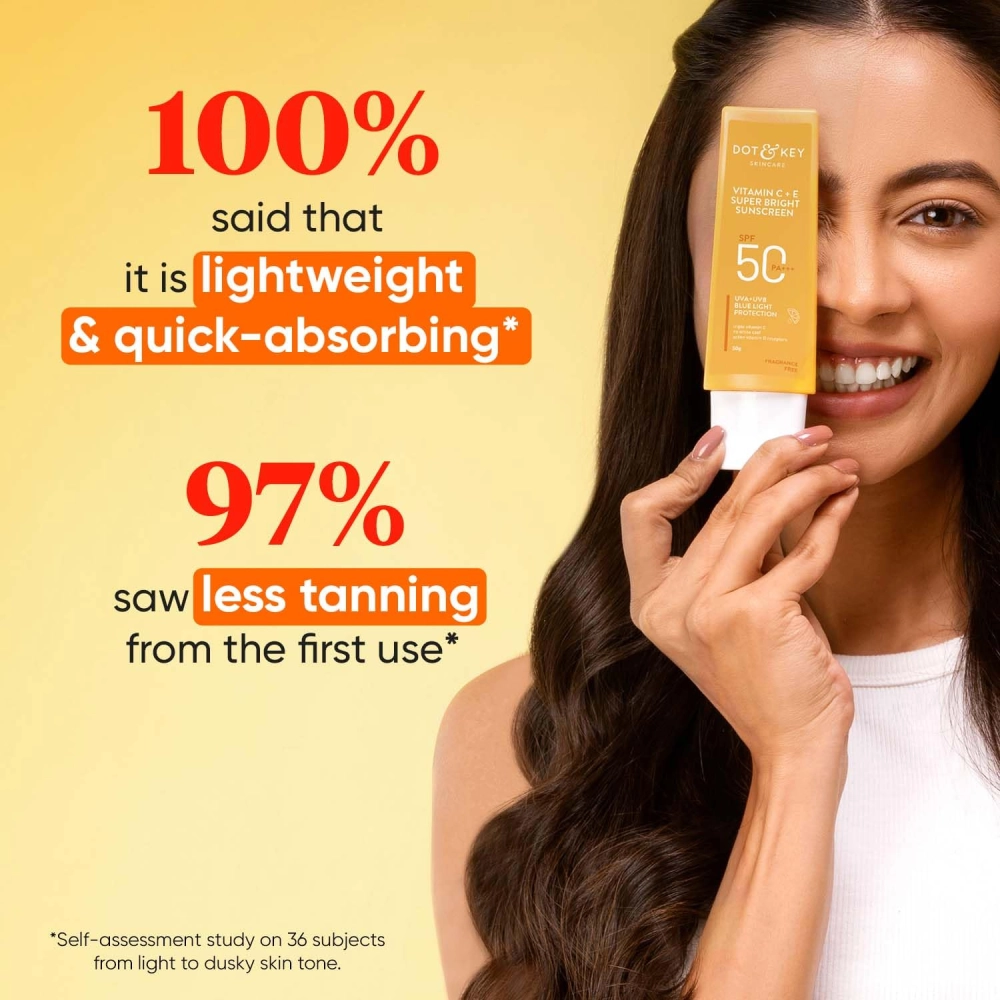 Dot & Key Vitamin C + E Super Bright Sunscreen Spf 50 |Water-Light,UVA/UVB & Blue Light Protection|For Even Toned & Glowing Skin|With Liquid Spf 50+++| No White Cast| For All Skin Types| 50G
