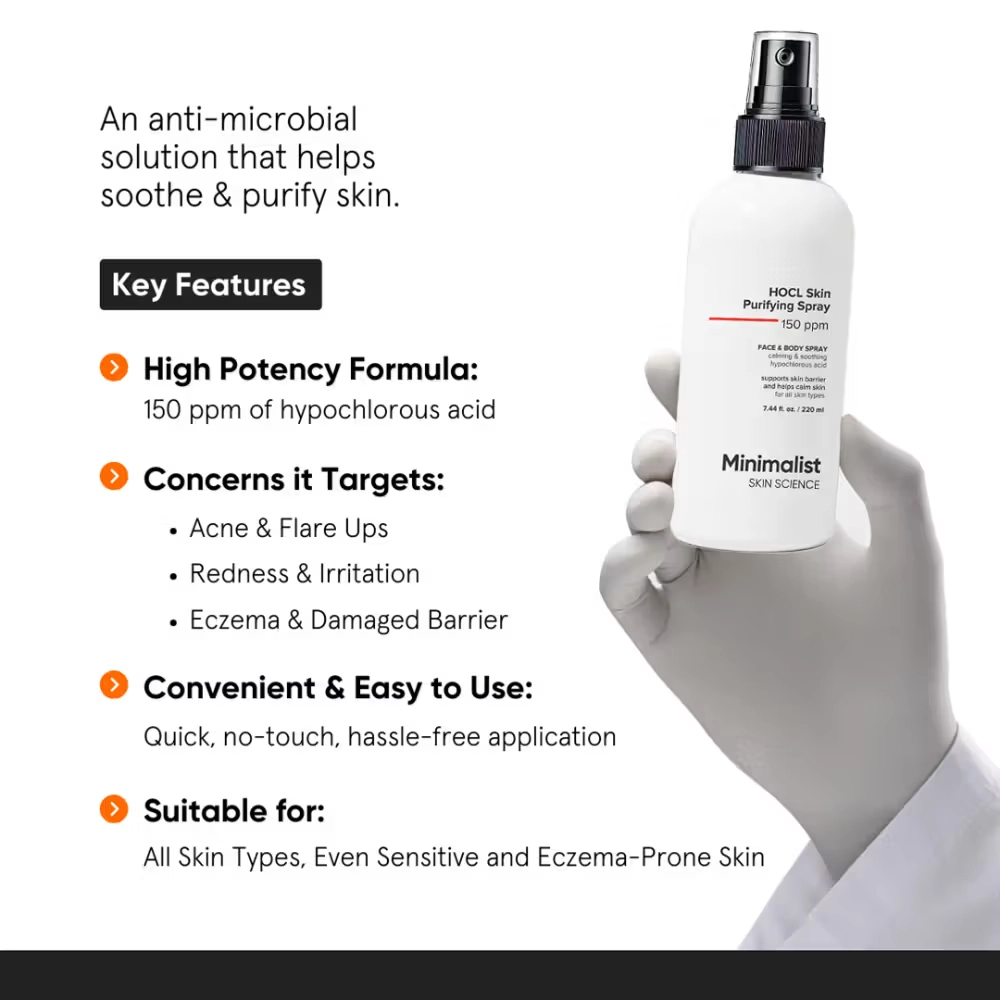 Minimalist HOCL Skin Purifying Spray -150 ppm Face & Body Spray 220ml, supports skin barrier and helps calm skin