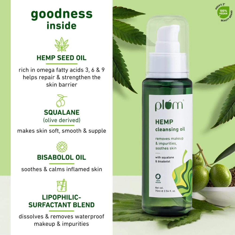 Plum Hemp Cleansing Oil with Squalane & Bisabolol , Removes makeup & impurities, soothes skin - 75ml
