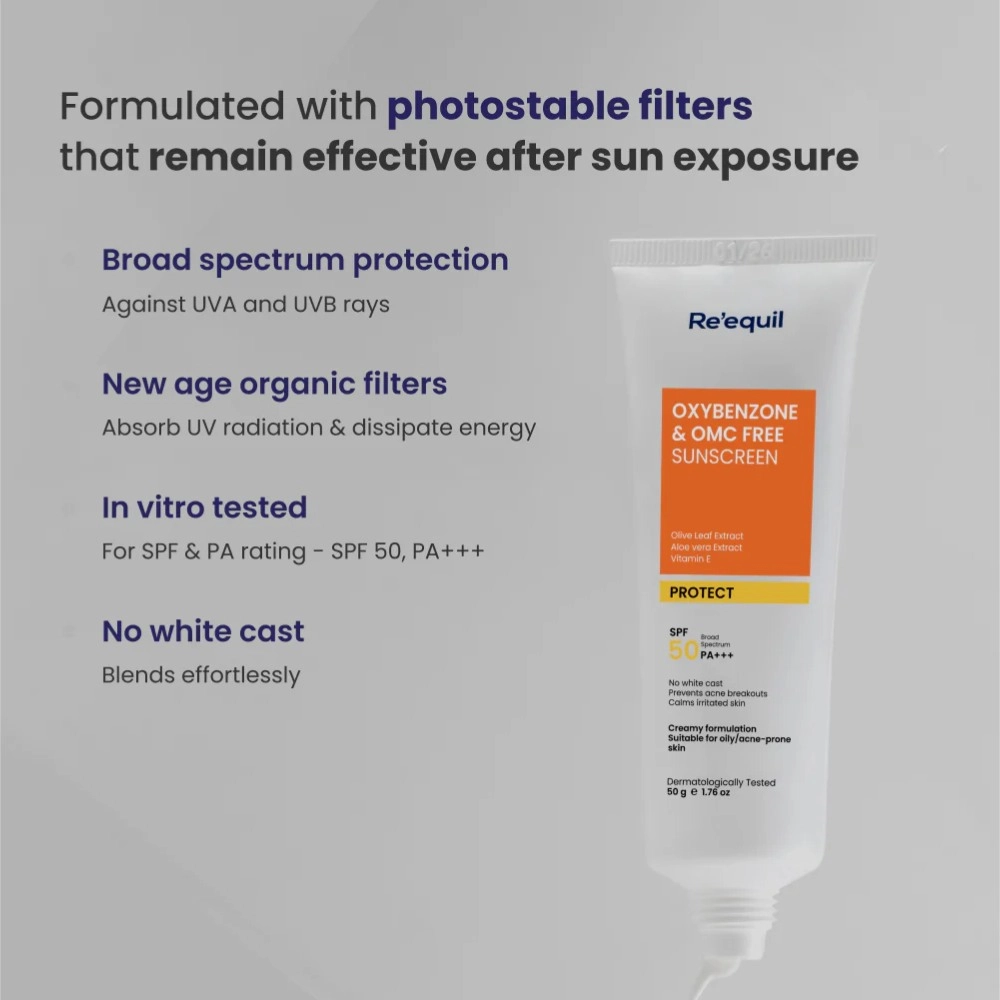 Reequil Oxybenzone & OMC Free Sunscreen SPF 50 PA+++ For Oily & Acne Prone Skin 50gm