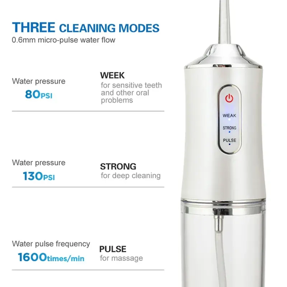 Dental Water Flosser 4 Nozzles Oral Cleaning Irrigator 3 Modes USB Rechargeable 220ML