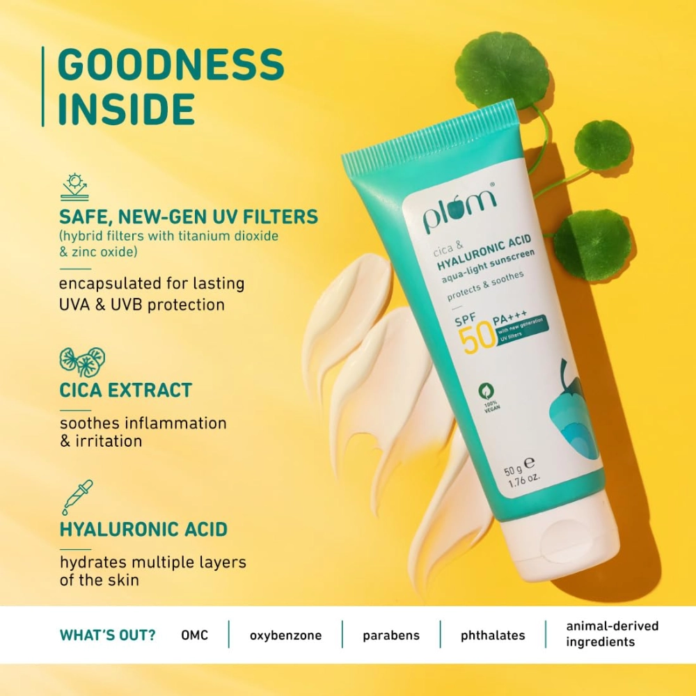 Plum Cica & Hyaluronic Acid Aqua-Light SPF 50 PA+++ Sunscreen with New UV Filters 50g